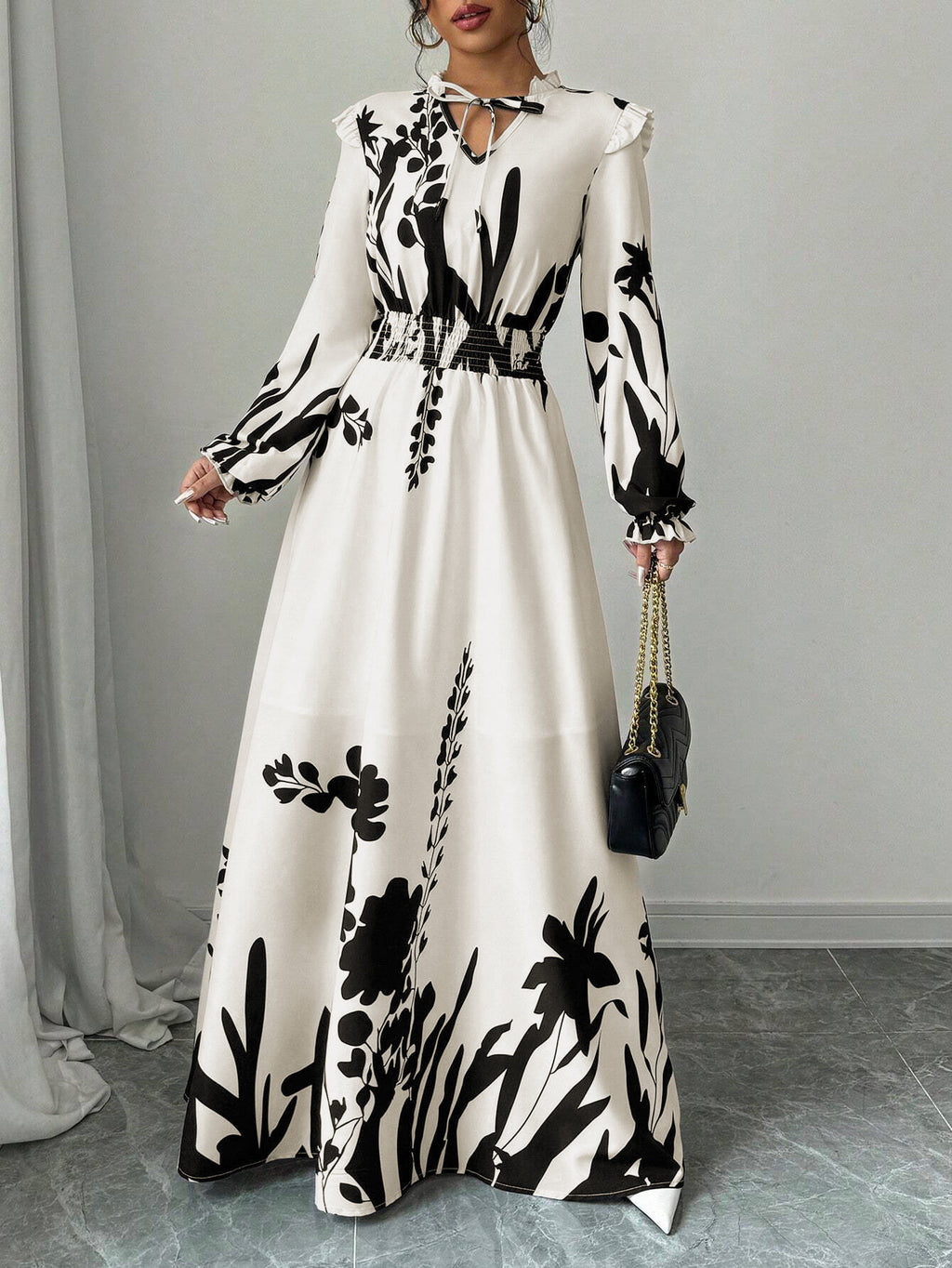 Women's Autumn Winter Printed Long Sleeve Waist Tie Maxi Dress Elegant Casual Flowing Long Skirt