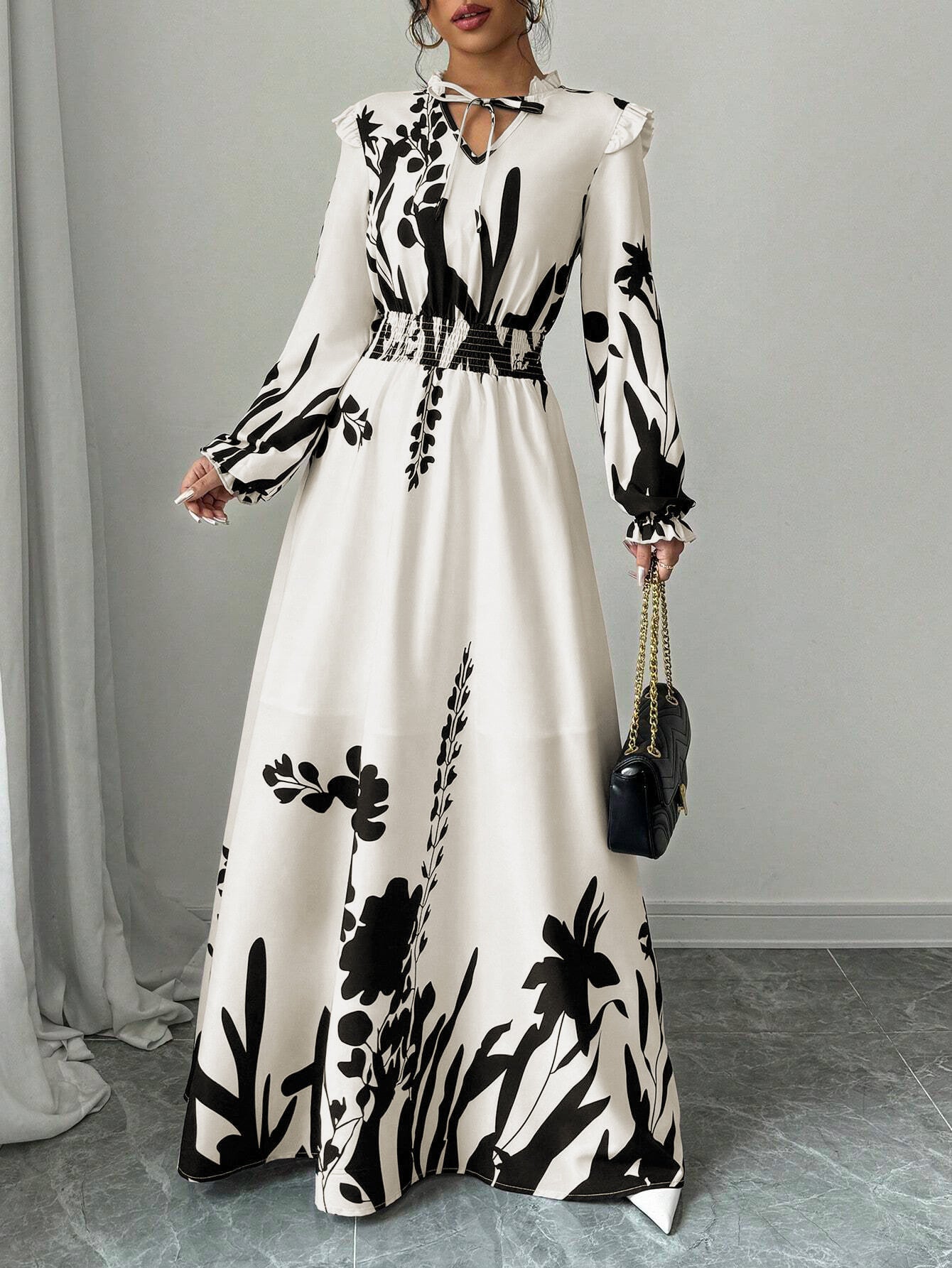 Women's Autumn Winter Printed Long Sleeve Waist Tie Maxi Dress Elegant Casual Flowing Long Skirt