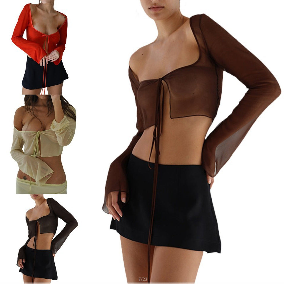 Unique Low-Cut Solid Color Square Neck Mesh Long-Sleeved Tie-Up Cropped Top
