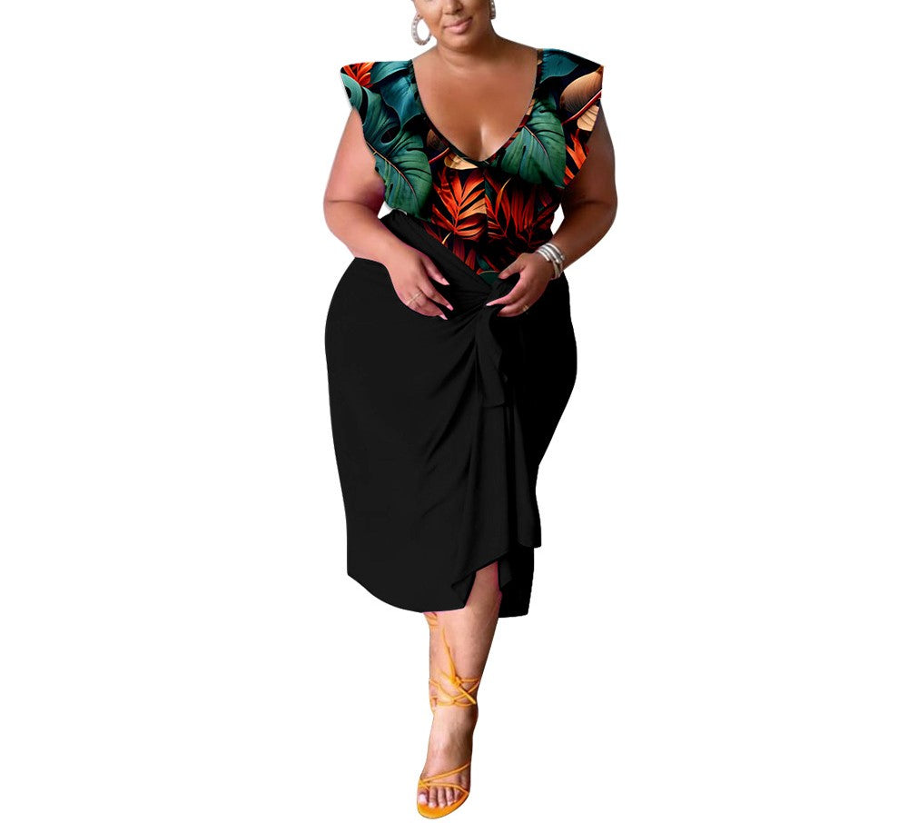Women's Plus Size Casual V-Neck Printed Jumpsuit Top & Skirt Set – Trendy Two-Piece Outfit