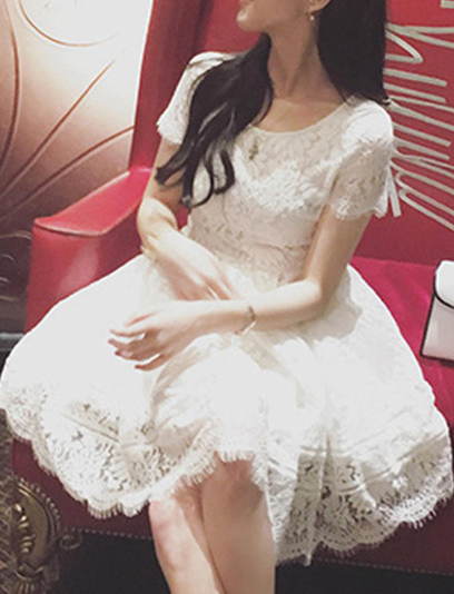 Women White Lace Up Short Sleeve Going Out Dress