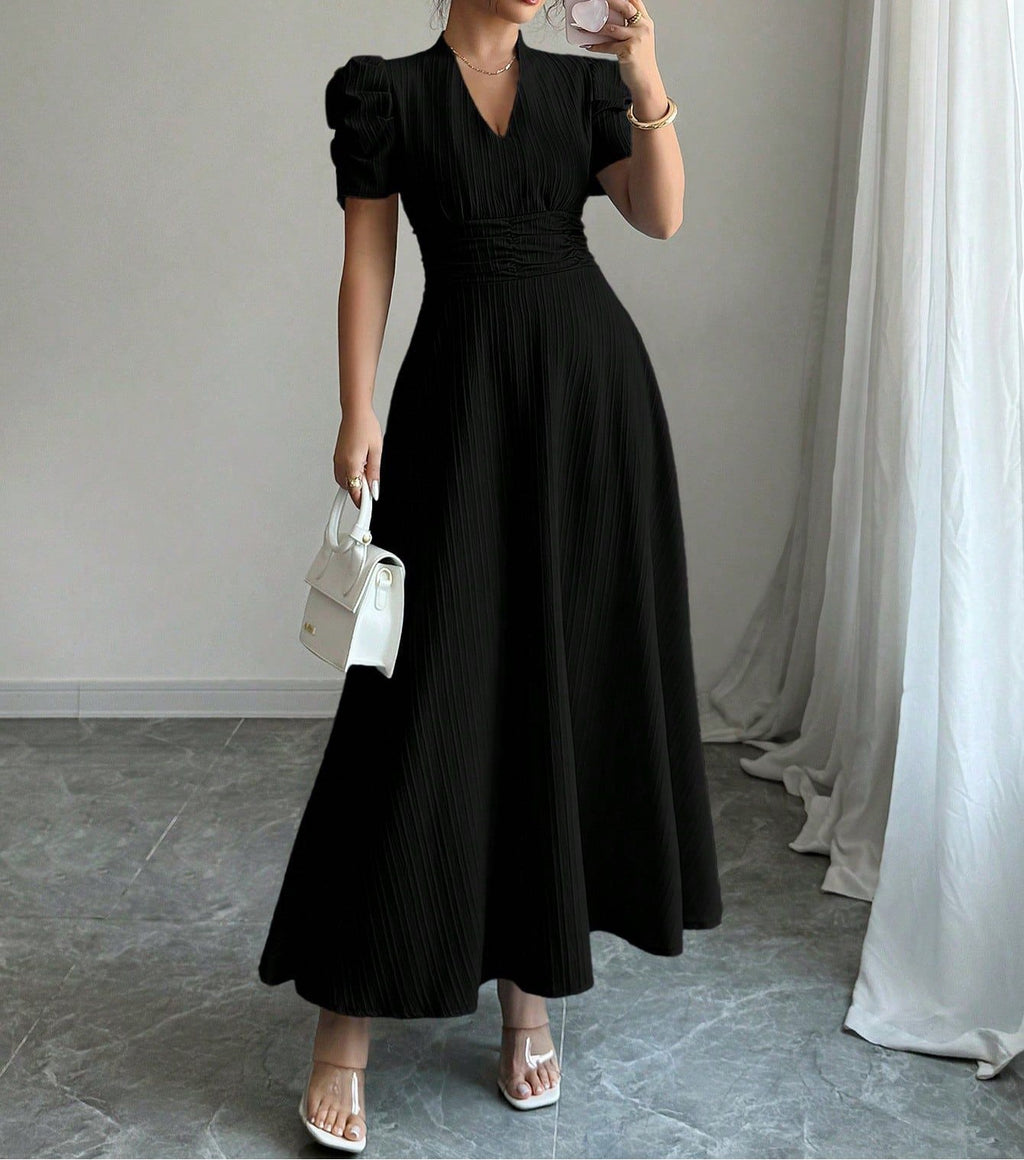 Women's French Style Puff Sleeve Maxi Dress with Fitted Waist, Square Neck, Lightweight Summer Long Dress
