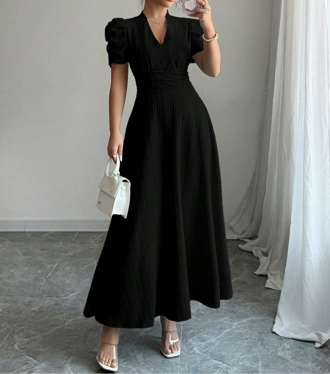 Women's French Style Puff Sleeve Maxi Dress with Fitted Waist, Square Neck, Lightweight Summer Long Dress