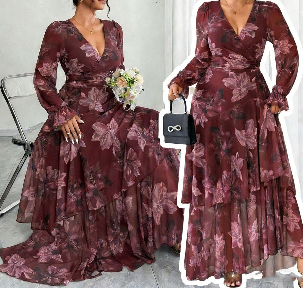 Women's Plus Size Floral Print Maxi Dress with Ruffled Hem, V-Neck, Waist-Cinching A-Line Long Dress