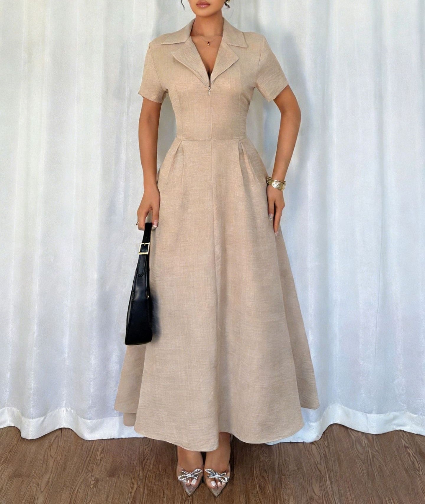 Apricot Women's Summer Dress – V-Neck Short Sleeve Cinched Waist Flowy Casual Midi Dress