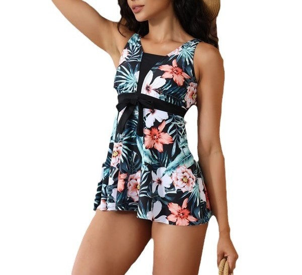 New Digital Print High Waist Split Tankini Skirt Swimsuit