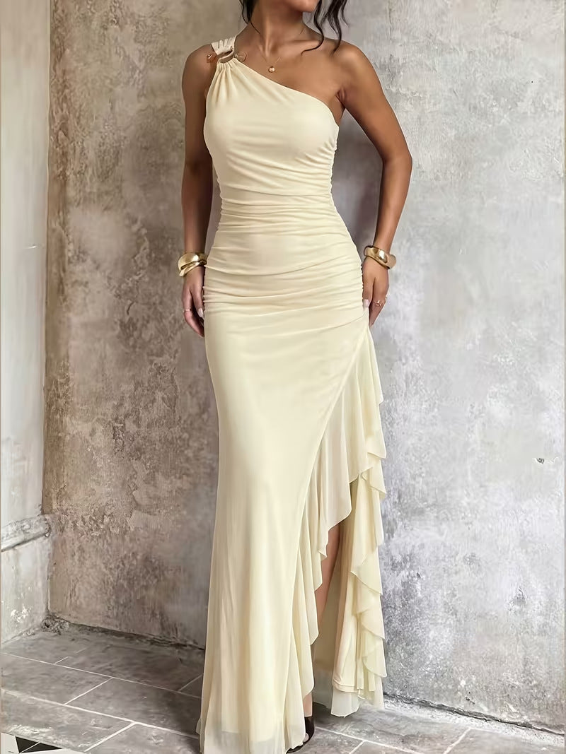 Women's 2026 Summer One-Shoulder Sleeveless Irregular Ruffle Dress – Elegant A-Line Midi Dress for Casual, Party & Vacation Wear