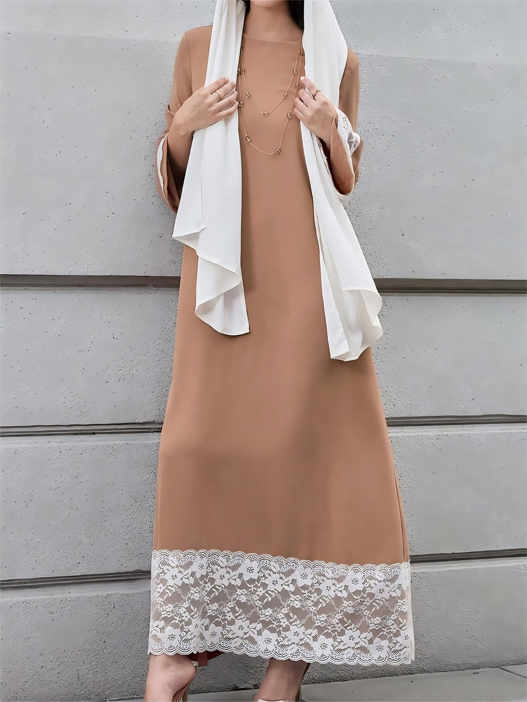 Women's Loose Long Sleeve Maxi Dress with Lace Hem, Solid Color Casual Long Dress