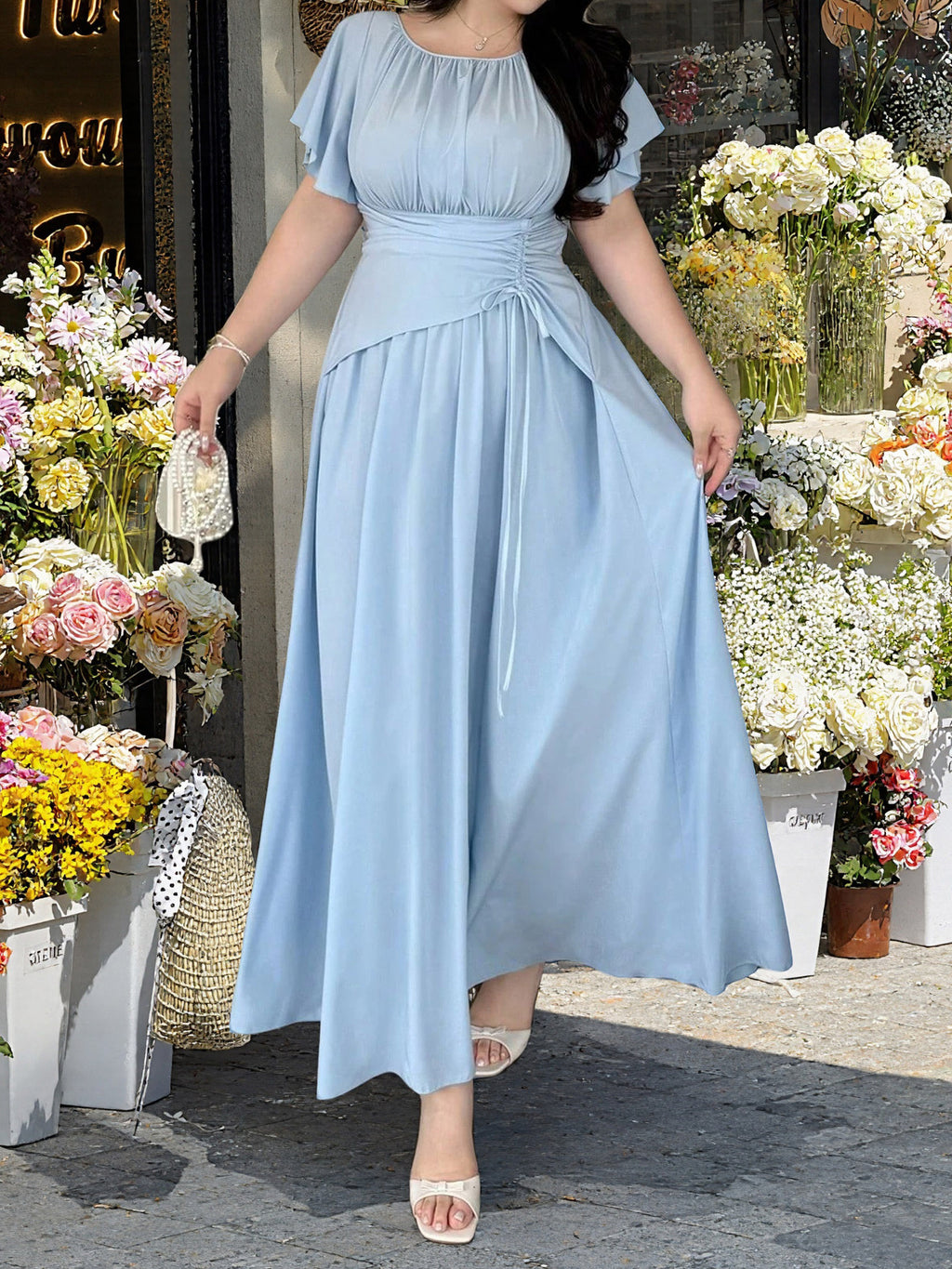 Women's Plus Size Pleated Tie Waist Short Sleeve Dress
