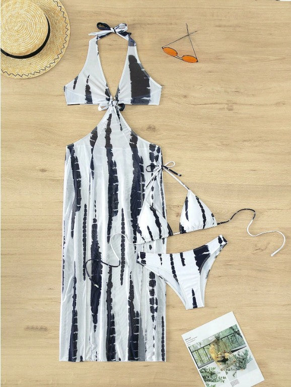 New Printed Mesh Three-Piece Bikini Swimsuit Set for Women