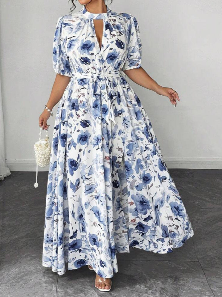 Women's Plus Size Blue Printed Tie Waist Mid-Length Dress