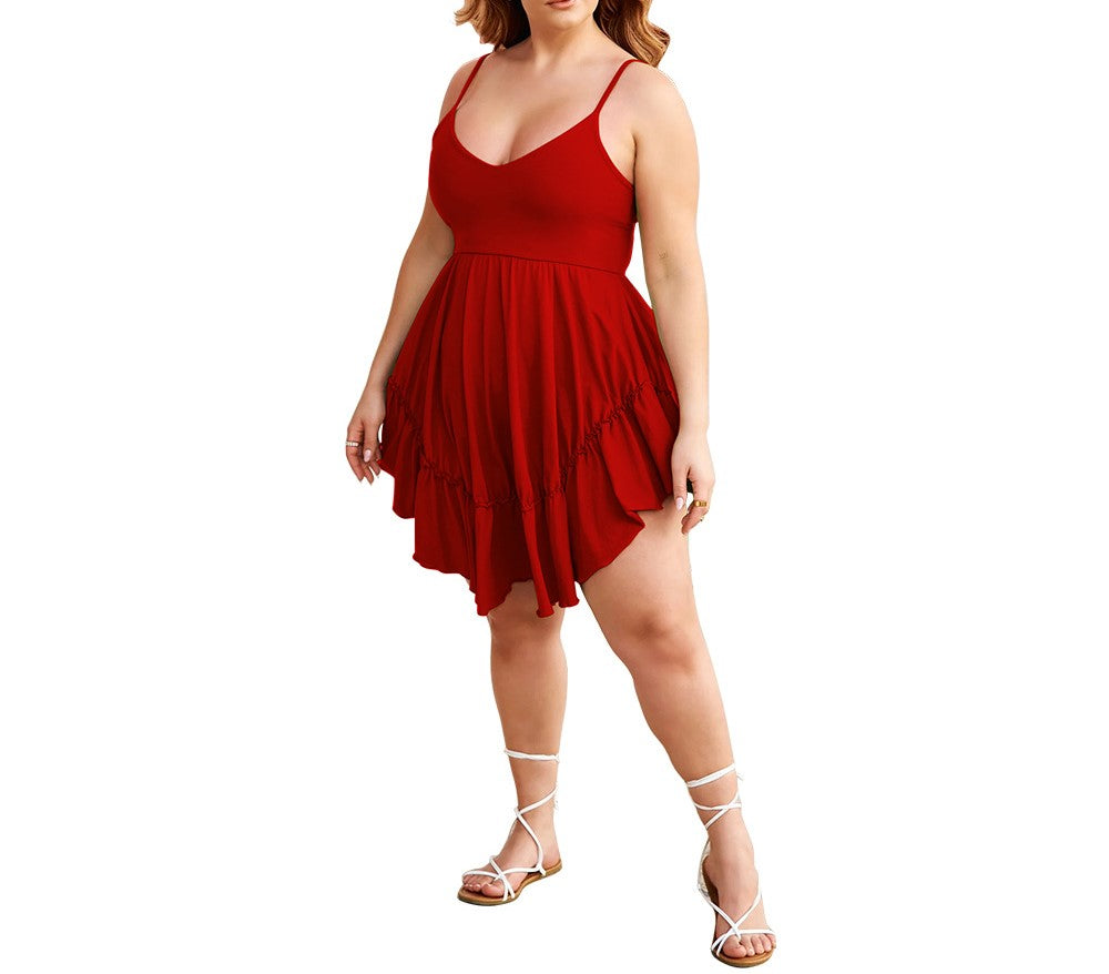 Women's Casual V-Neck Knitted Suspender Dress – Plus Size, Waist-Defined, Comfortable & Stylish