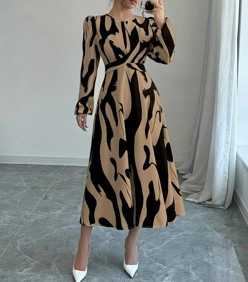Women's Commuter Crew Neck Long Sleeve Waist Fit Large Swing Midi Dress Casual Everyday Fashion