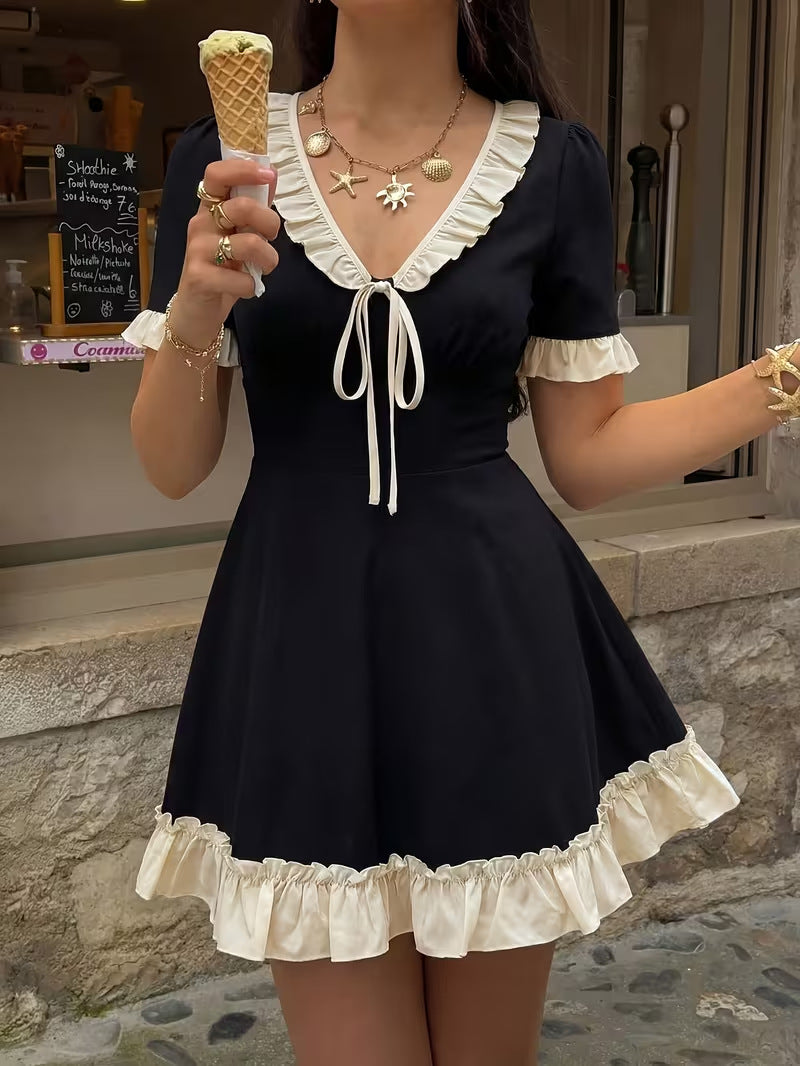 Women's Summer Contrast Color V-Neck Ruffle Tie-Waist A-Line French Style Mini Dress