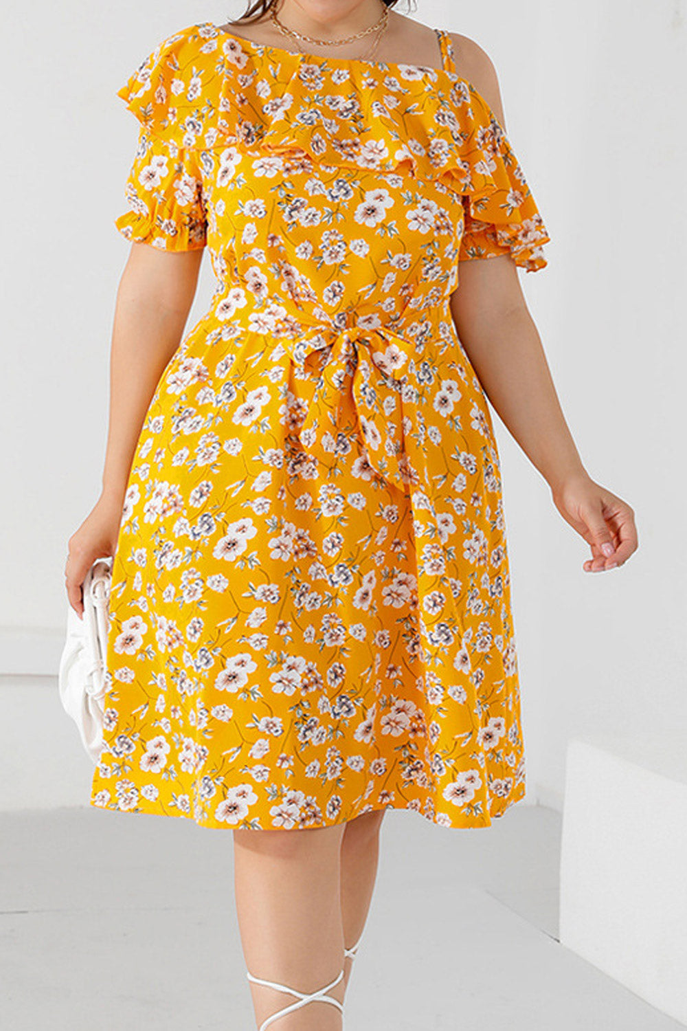 Women Plus Summer Fashion One Shoulder Ruffled Floral Mini Dress