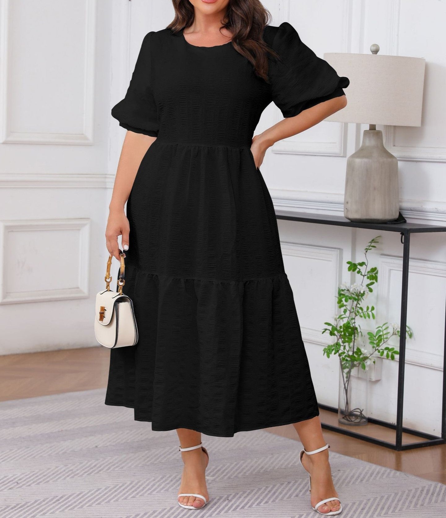 Plus Size Women's Crewneck Fold Layered Bohemian Style Midi Dress Casual Comfortable Everyday Wear