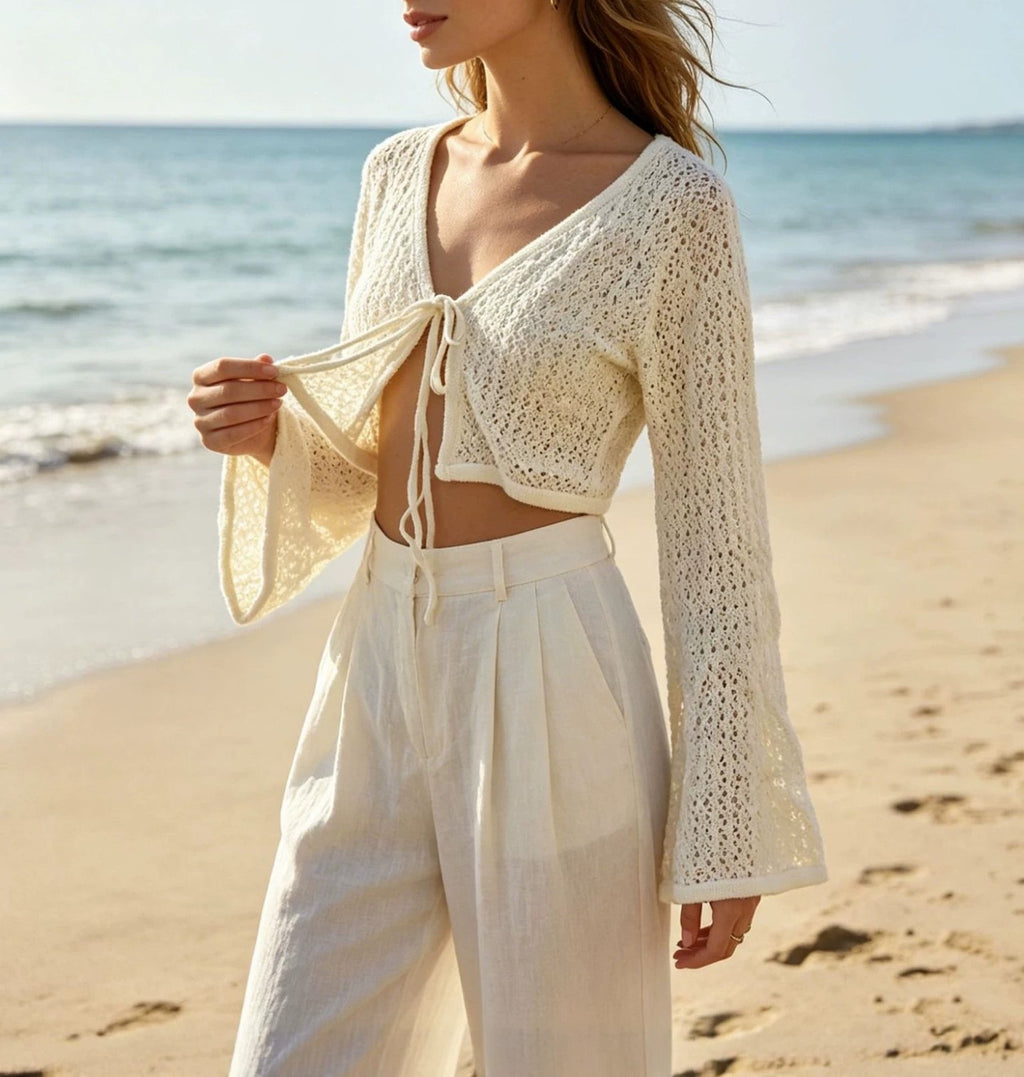 Women's V-Neck Openwork Knit Cardigan Tie-Waist Sun Protection Cover-Up Lightweight Long Sleeve Summer Sweater
