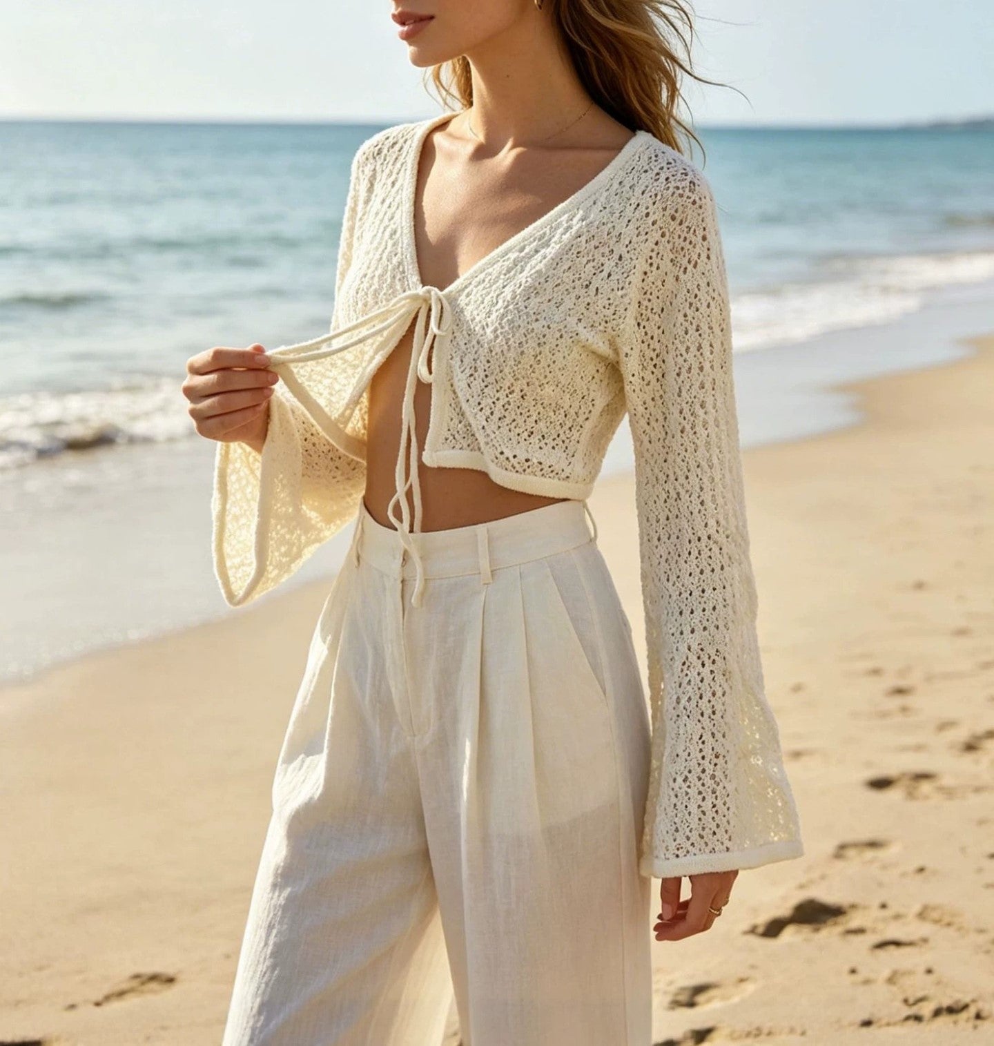 Women's V-Neck Openwork Knit Cardigan Tie-Waist Sun Protection Cover-Up Lightweight Long Sleeve Summer Sweater