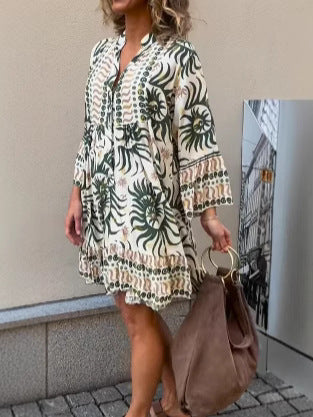 omen’s Printed V-Neck Long Sleeve Loose Casual Dress