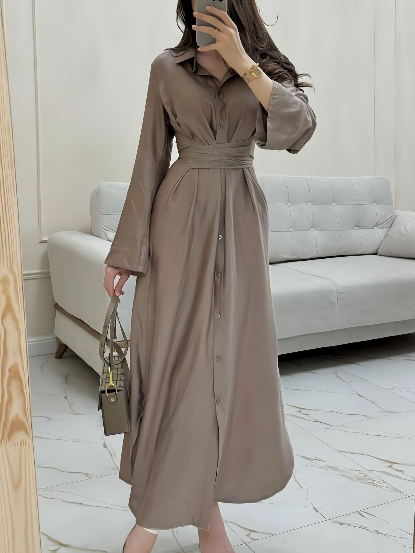 Women's Solid Color Button Front Waist Tie Long Sleeve Shirt Dress Midi Maxi Casual Long Skirt
