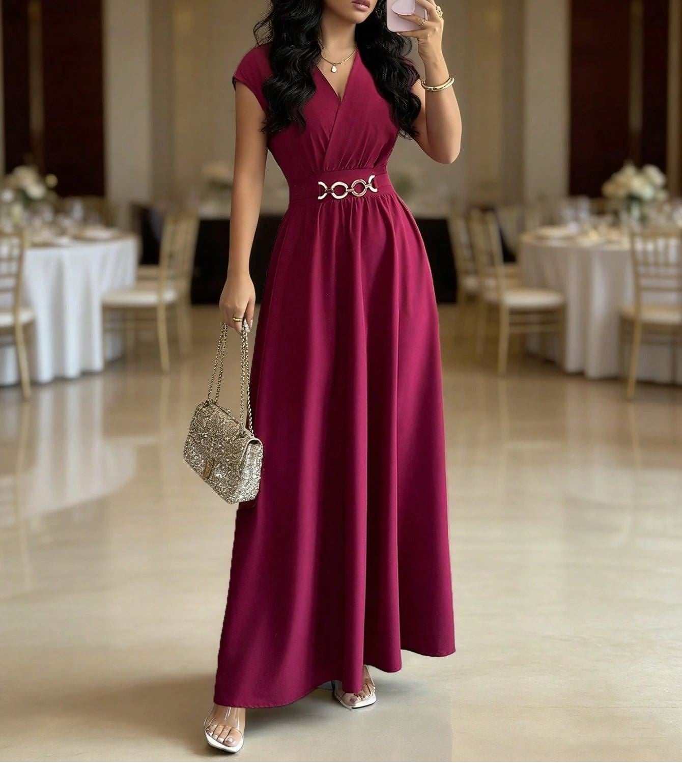 Women's Elegant Short Sleeve Long Dress - Solid Color V-Neck Waist-Cinching Maxi Dress for Casual, Office, Party & Special Occas