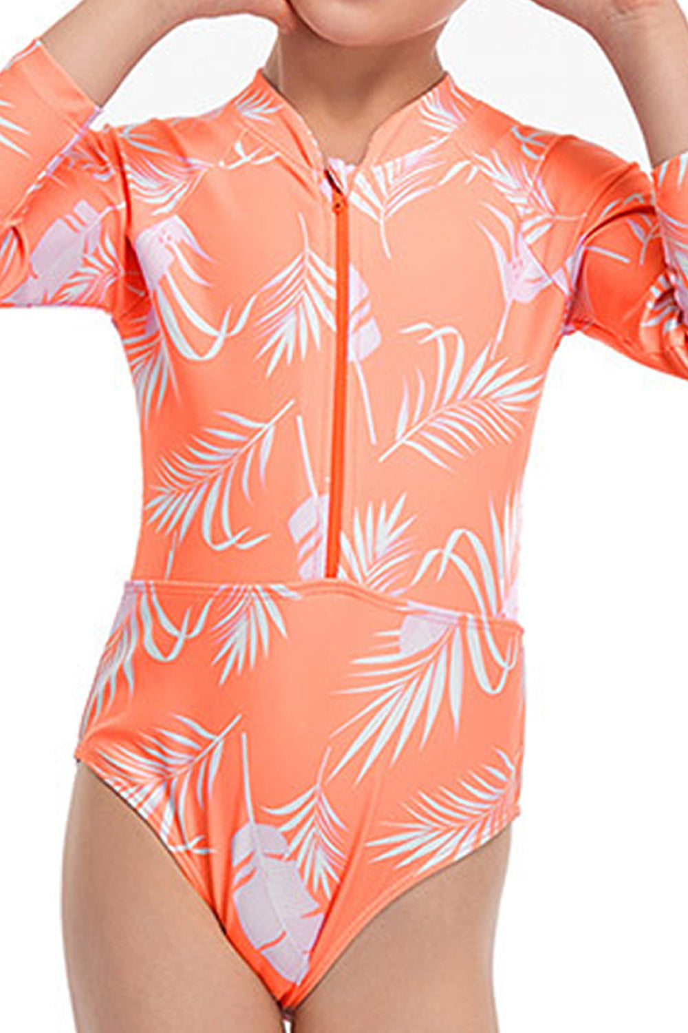 Kids Girls Round Neck Zip Closure Seaside Holiday One Piece Swimwear
