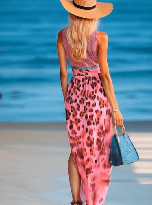 Women's Printed Deep V Sleeveless Leopard Print Side Slit Maxi Dress