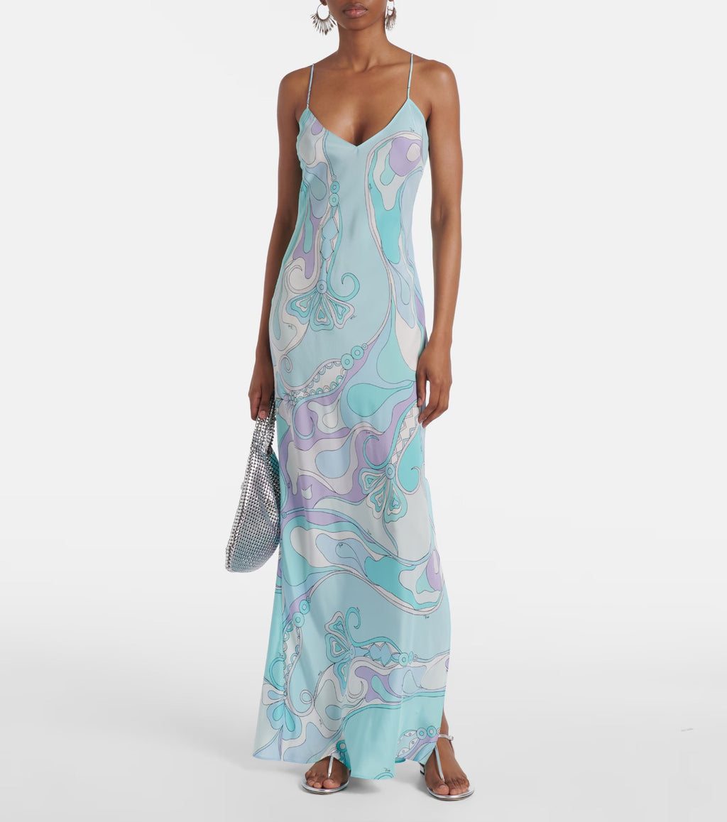 Women’s Fashion Printed Slit Suspender Dress with Adjustable Straps