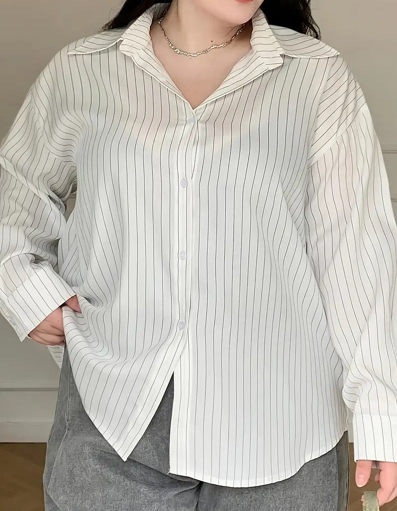 Women's Plus Size Long Sleeve Loose Fit Button-Up Shirt – Casual Everyday Comfort Top