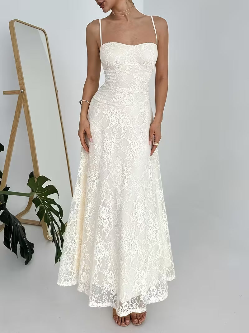 Women's 2026 Summer Lace Suspender Maxi Dress – Elegant Sleeveless Waist-Cinching Long Dress with Slim Fit and Flowing Skirt