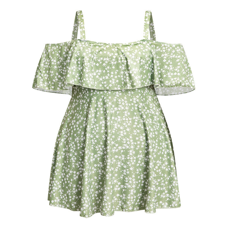 Plus Size Floral One-Piece Swimsuit with Lotus Leaf Sleeves – Elegant Beach Skirt Swimwear for Women