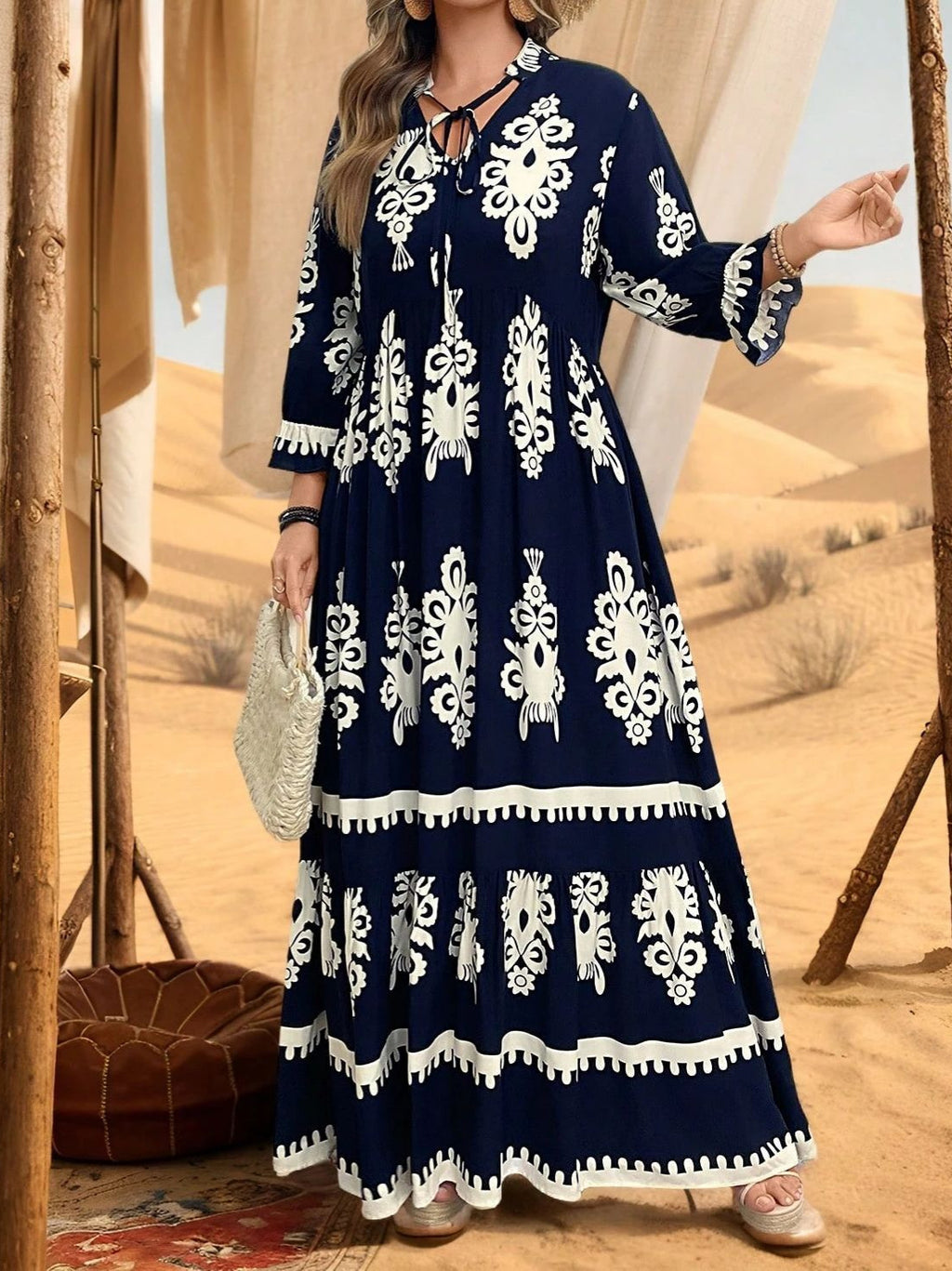 Women's Vintage Print V-Neck Long Dress, Plus Size High Waist Tie Waist Loose Fit Casual Fashion Maxi Dress