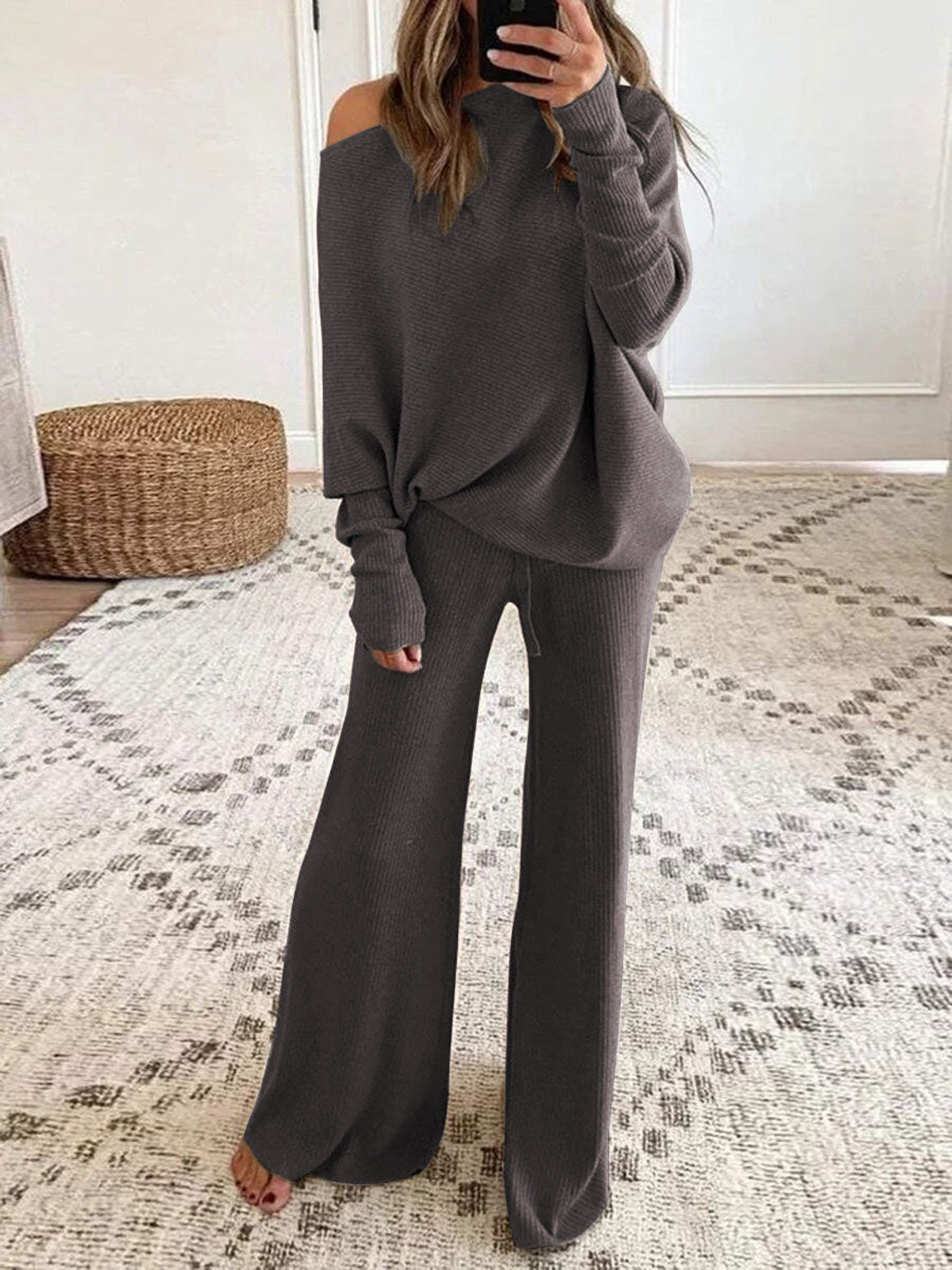 Women's Long-Sleeve Drawstring Top and High-Waist Wide-Leg Pants Two-Piece Set