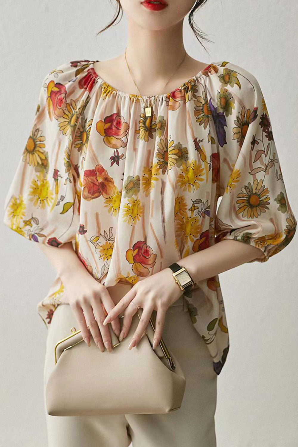 Women Beautiful Floral Printed Round Neck Silk Shirt & Blouse