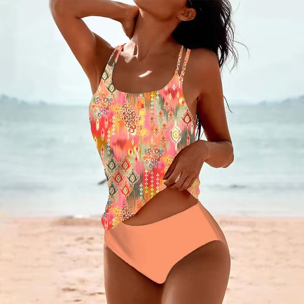 New Digital Print Double Shoulder Strap Tankini with High Waist Triangle Briefs - Women's Two-Piece Swimsuit