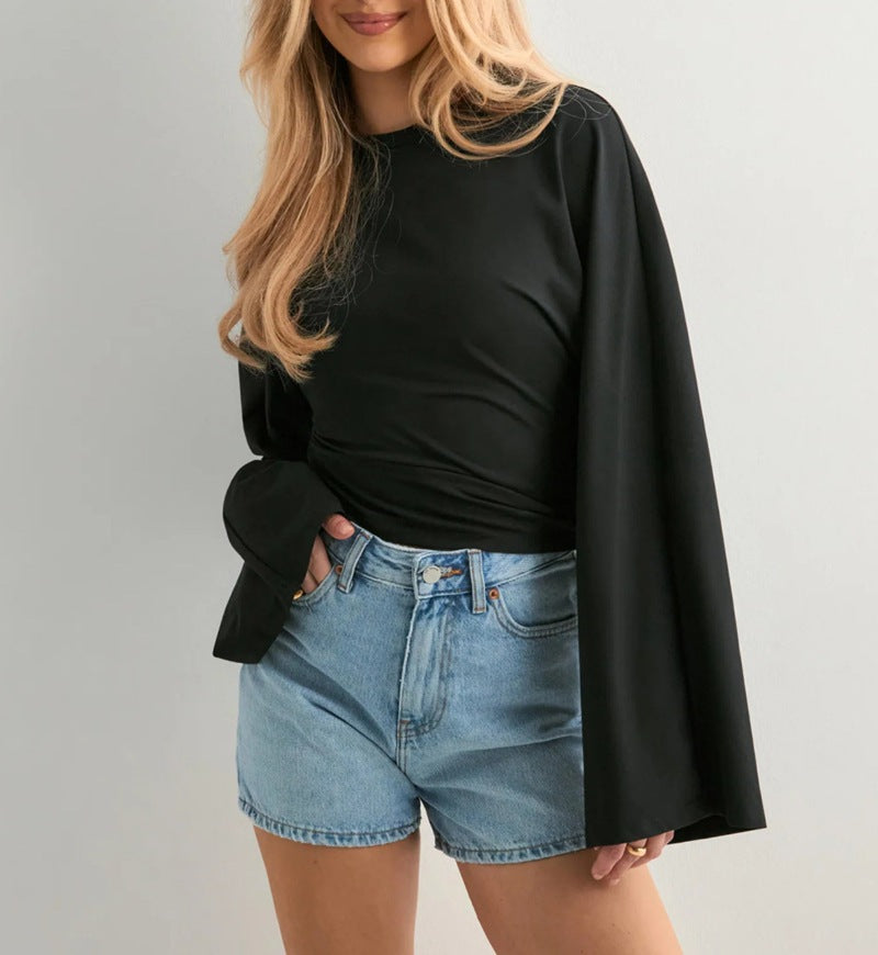Women's Elegant Solid Color Round Neck Long Sleeve Waist Detail Casual Top