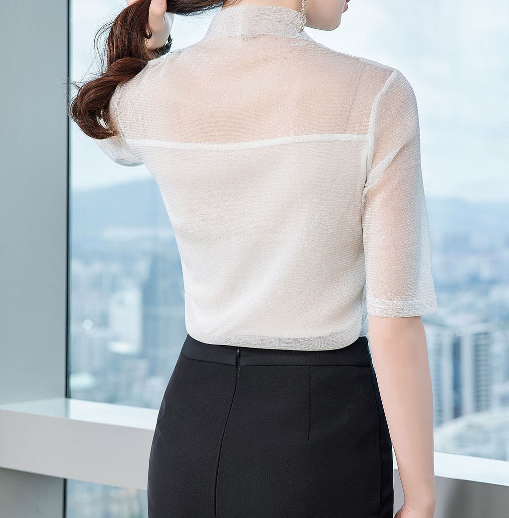 High-Neck Mesh Bottoming Shirt for Women - Sheer Long Sleeve Layering Top