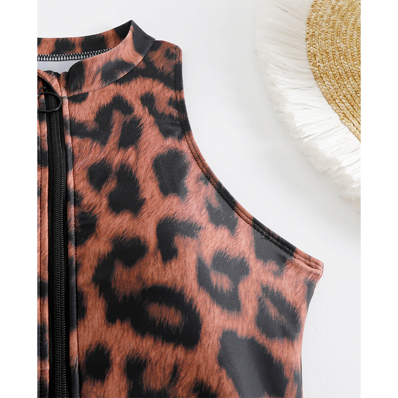 Leopard Print High Collar Sleeveless Zipper Bikini Belly Swimsuit