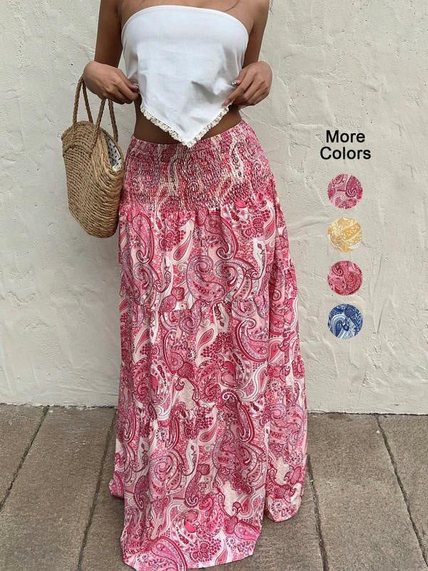 Women's Casual Printed Maxi Skirt – Summer Elastic Waist Long Flowing Everyday Skirt