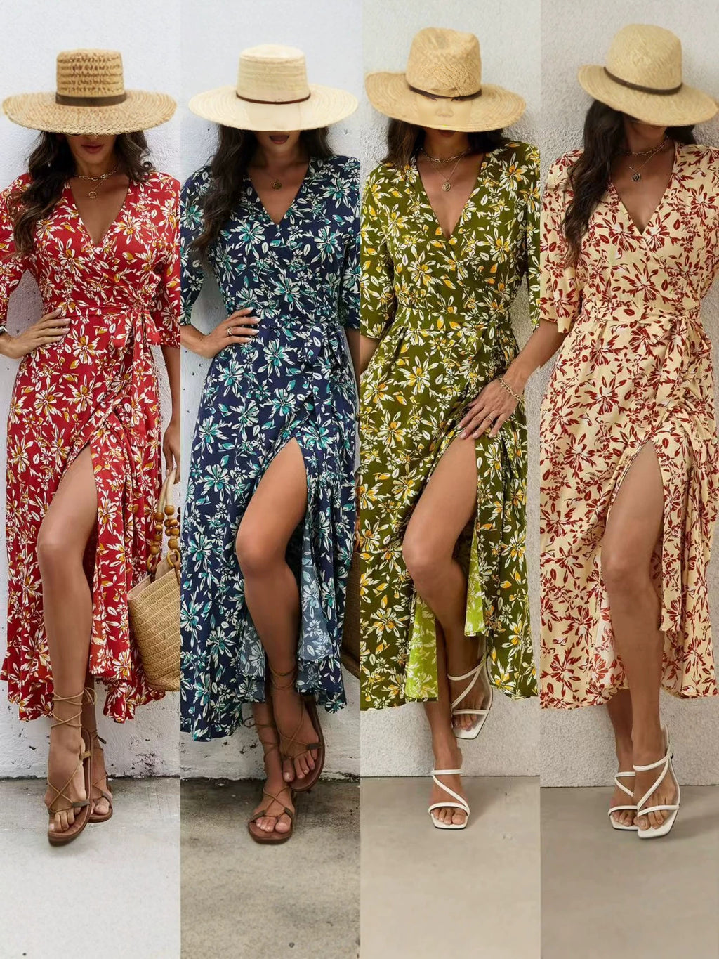 Women's Printed Floral Tie-Up Slit Maxi Dress – Bohemian Summer Vacation Long Dress