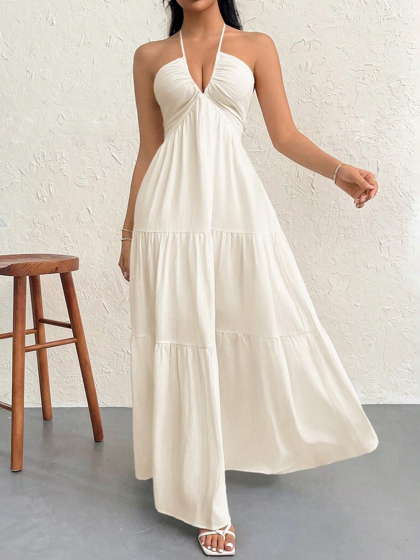 Women's Bohemian White Neck Summer Dress Casual Lightweight Vacation Midi Dress