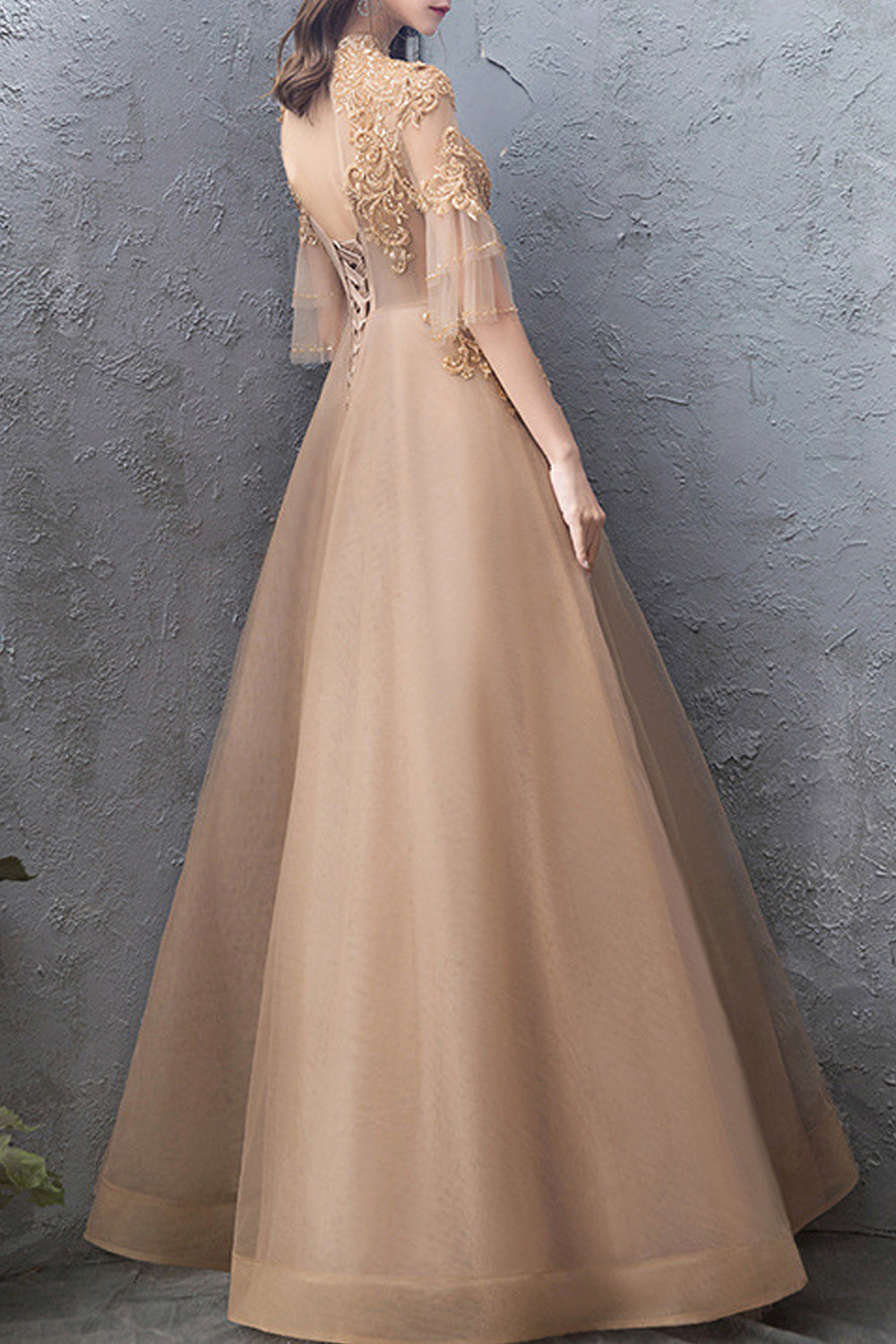 Women Half Sleeve Lace Decorated Long Breathable Skirt Wedding Party Dress