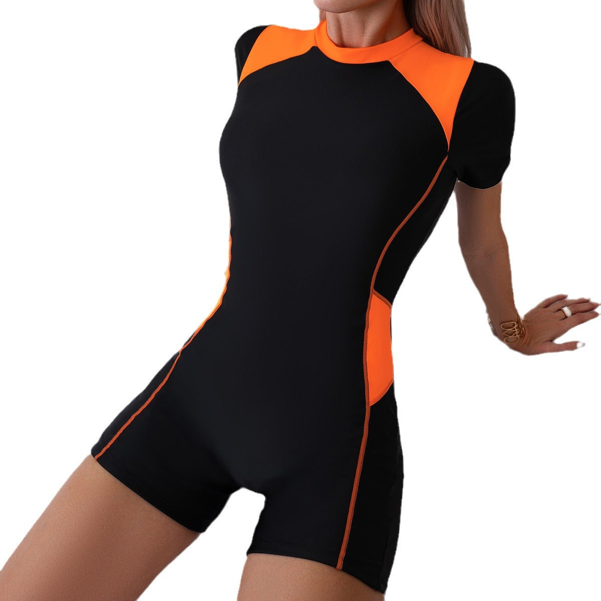 New Contrast Color Conservative Zipper One-Piece Swimsuit for Women