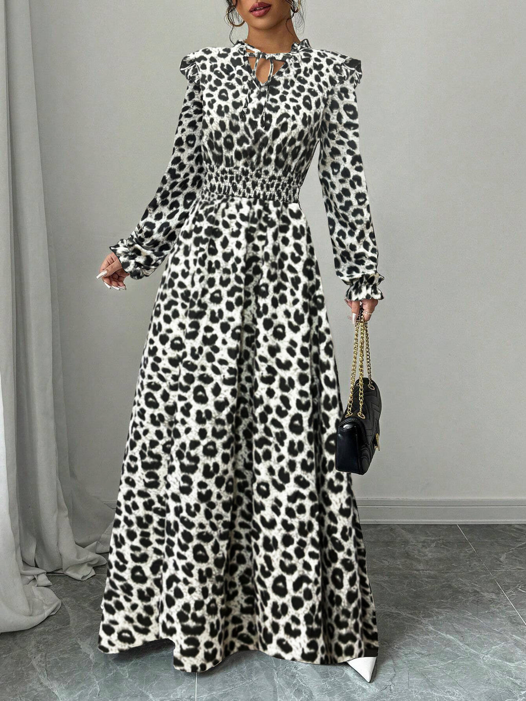 Women's Leopard Print Waist-Cinching Long Dress – Elegant Printed Maxi Dress with Flattering Fit