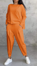 Women's Solid Color Round Neck Long Sleeve Top and Pocket Pants Two-Piece Set