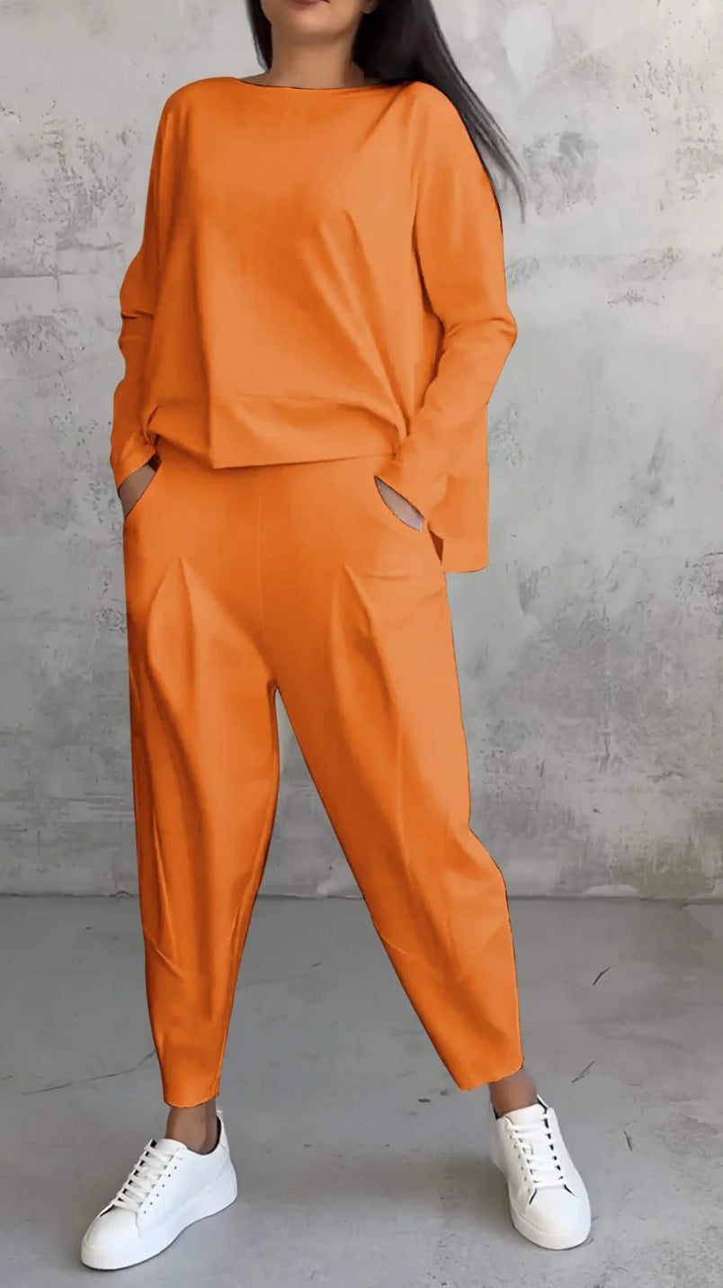 Women's Solid Color Round Neck Long Sleeve Top and Pocket Pants Two-Piece Set