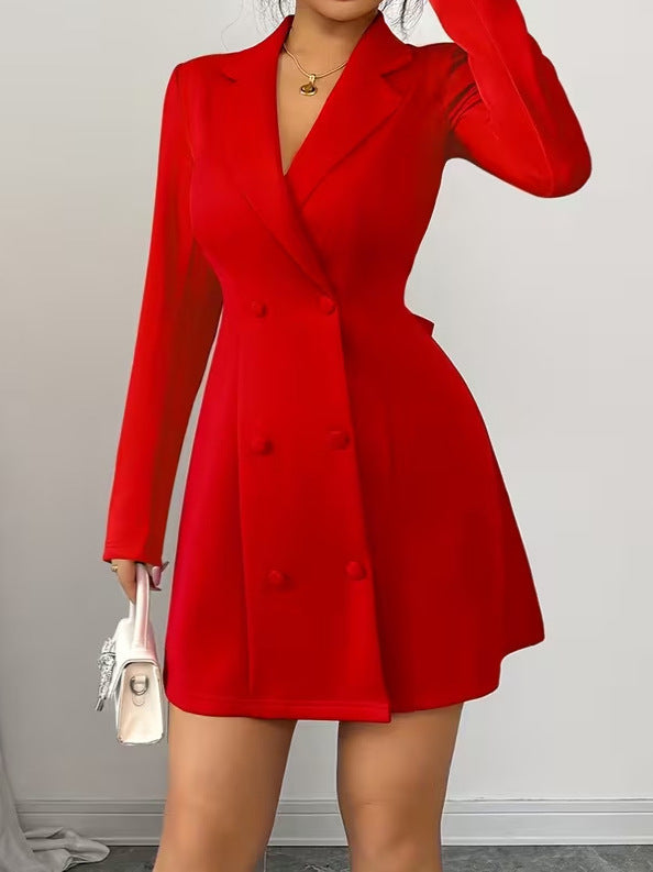 Women's Elegant Double-Breasted V-Neck Long-Sleeve Back Bow Short Dress with Open Back Detail