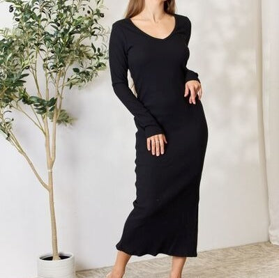 Women's Culture Code Full Size Ribbed Long Sleeve Midi Slit Dress
