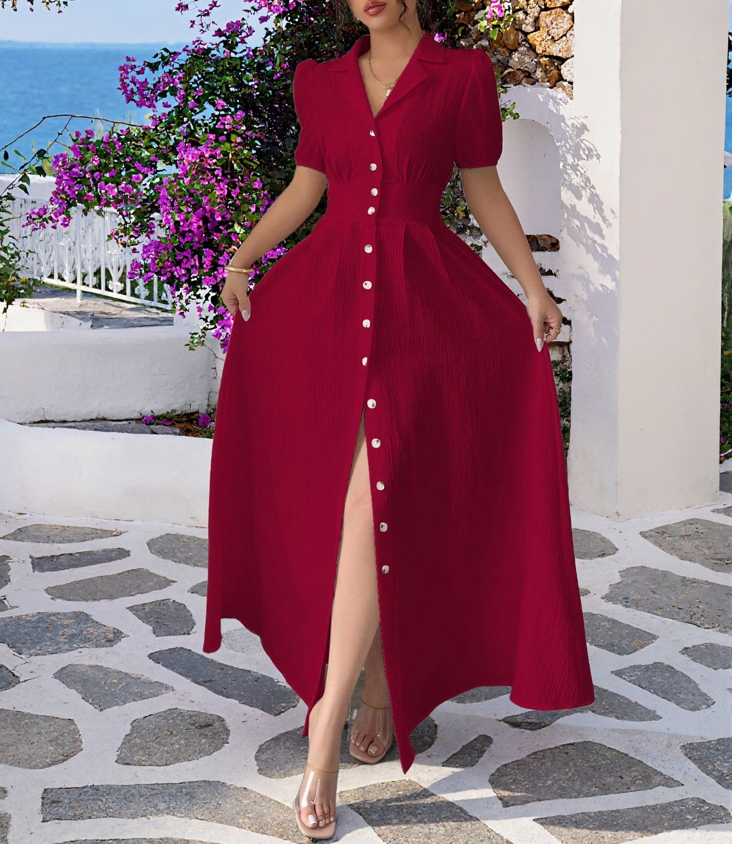 Summer New Style Solid Color Elegant Women's Short Sleeve Long Button Front Maxi Dress Casual Daily Wear