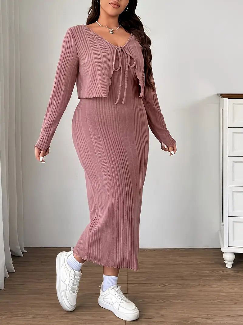 Women's Plus Size Lace-Up Knitted Suspender Dress Two-Piece Set Long Sleeve Autumn Winter Casual Outfit